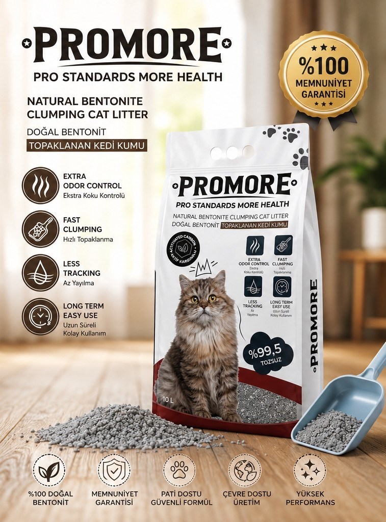 Promore Aktif Karbonlu Kedi Kumu 10 L - Doğal Bentonit, Uzun Süreli Koku Kontrolü, Az Dağılma