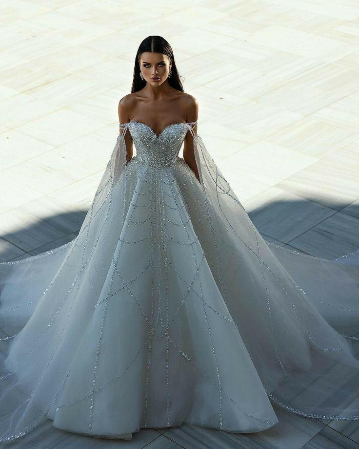 Beyaz Düşük Kol Detaylı Taş Detaylı Éclat d’Azur Gelinlik