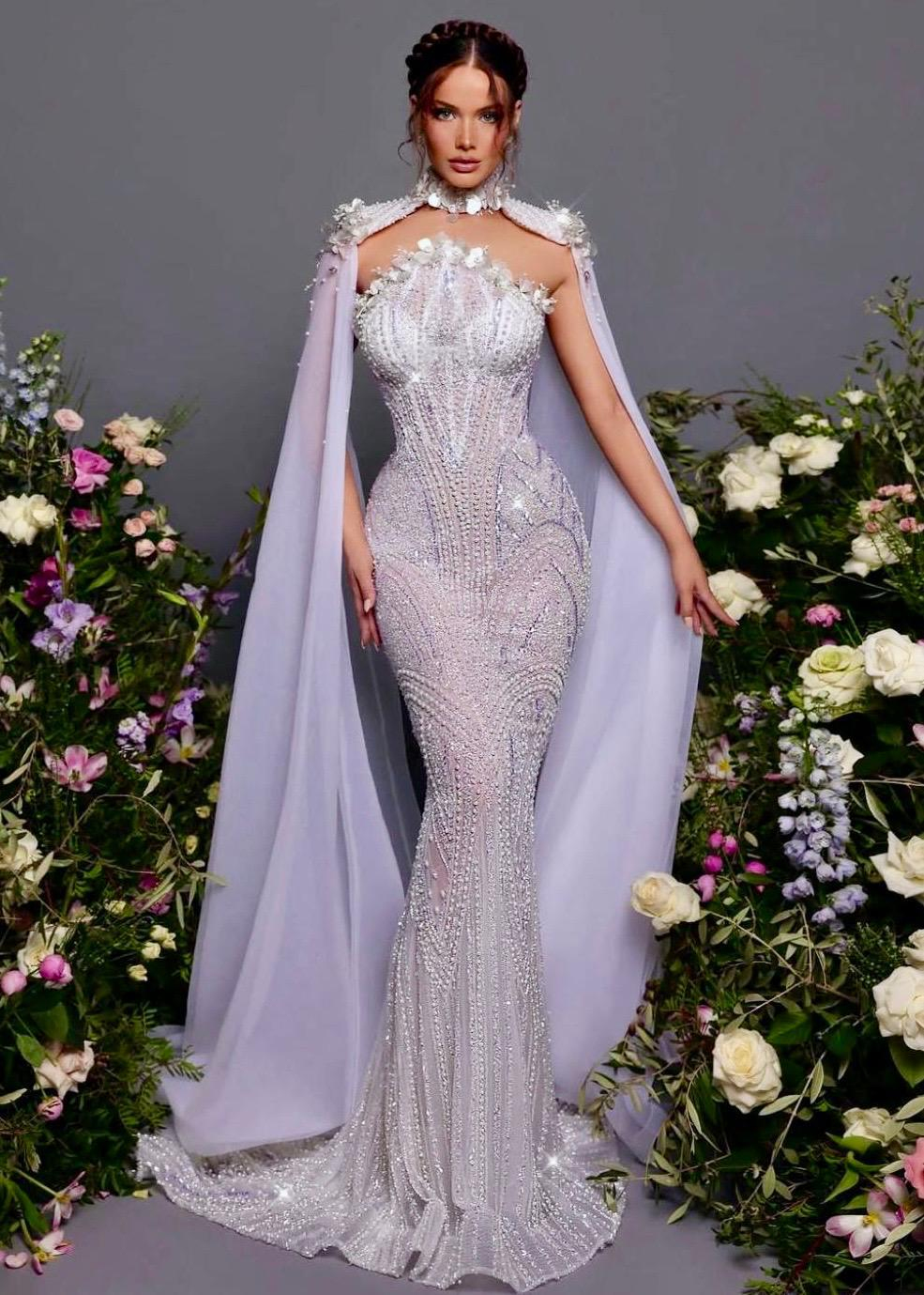 Beyaz full Taş İşlemeli Pelerinli Balık Model Opal Embrace Gelinlik