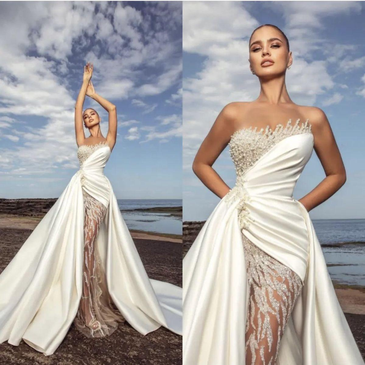 Beyaz Göğsü Taş İşlemeli Straplez Dantel Etek Detaylı Seraphina Grace Gelinlik