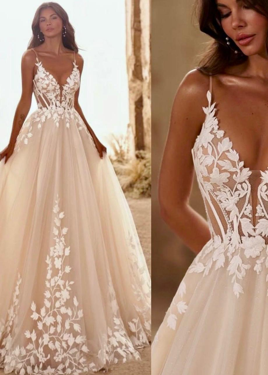 Beyaz İnce Askılı Güpür İşlemeli A kesim Whispering Leaves Gelinlik