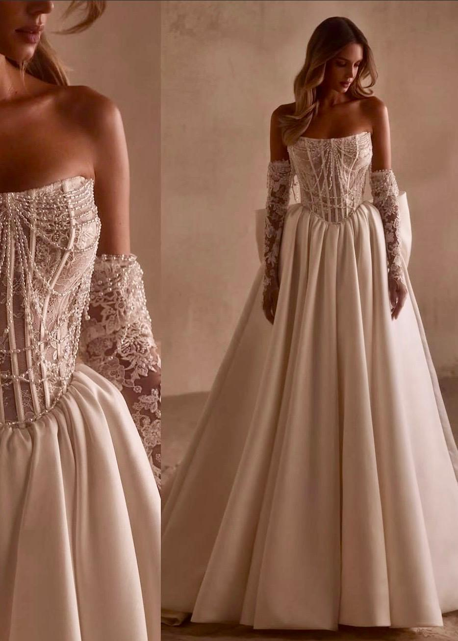 Beyaz Korseli İnci İşlemeli Tül Eldiven Detaylı A kesim Opalescent Reverie Gelinlik