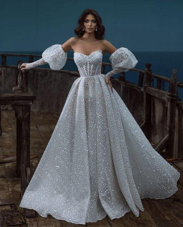 Beyaz Straplez Balon Kol Full Taş İşlemeli Étoile de Lumière Gelinlik