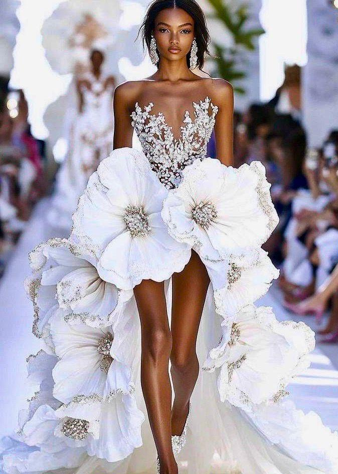 Beyaz Taş İşlemeli Çiçek Detaylı Belle Epoque Gelinlik