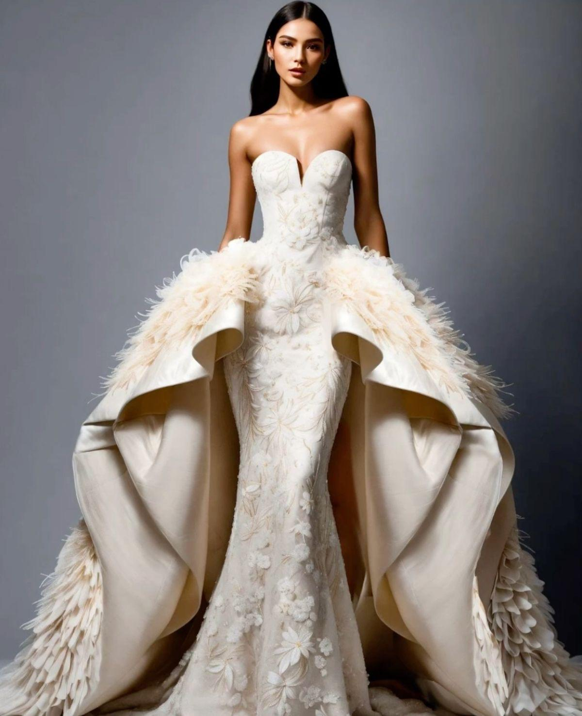 Krem Saten Straplez Balık Model Çiçek Detaylı Uzun Kuyruklu Tüy Detaylı Arabella Roussea Gelinlik