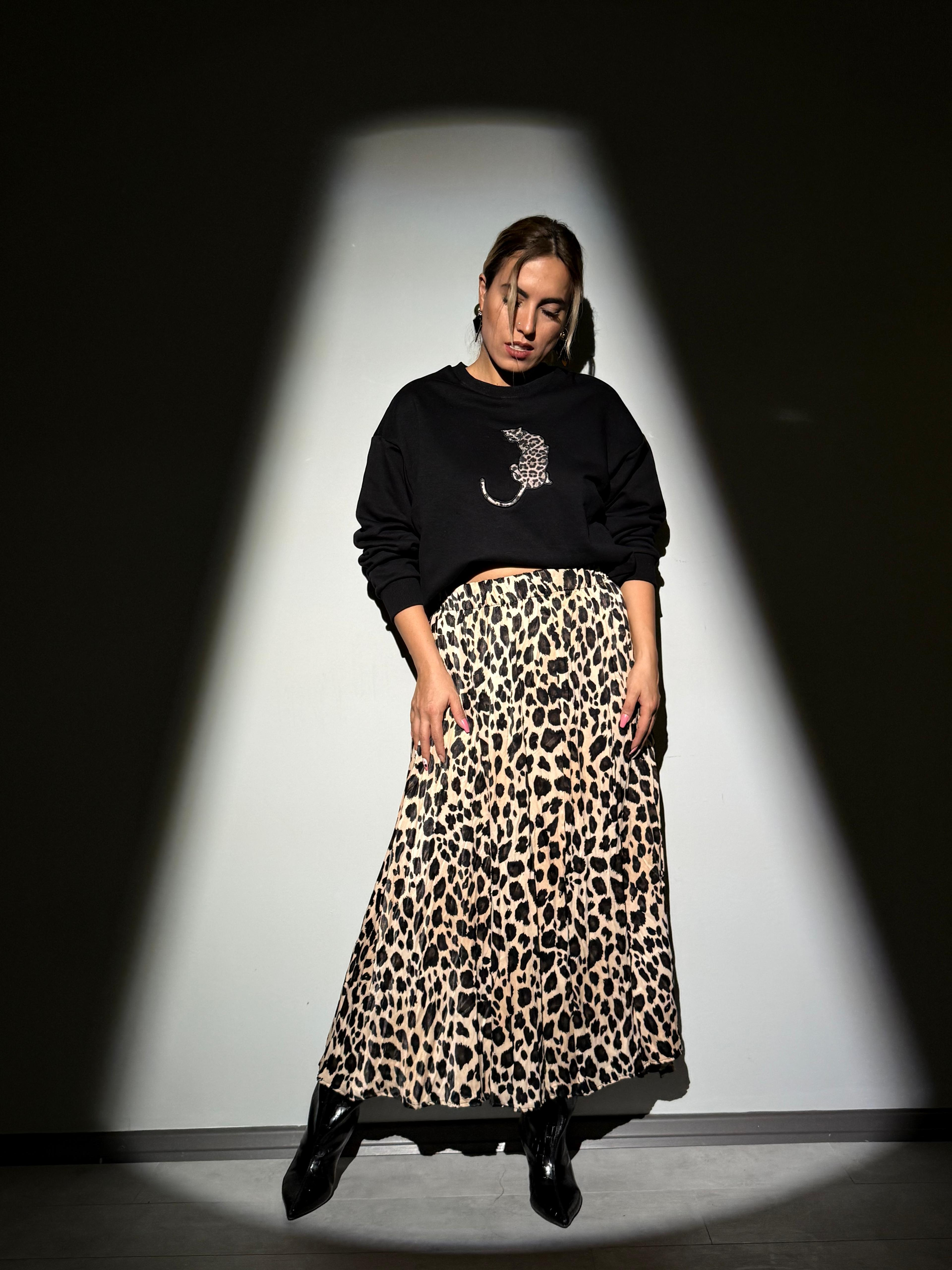 Leopar Desen Saten Kiloş Midi Boy Etek