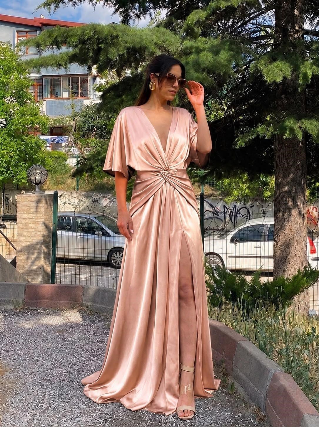 rose saten likralı tasarım elbise