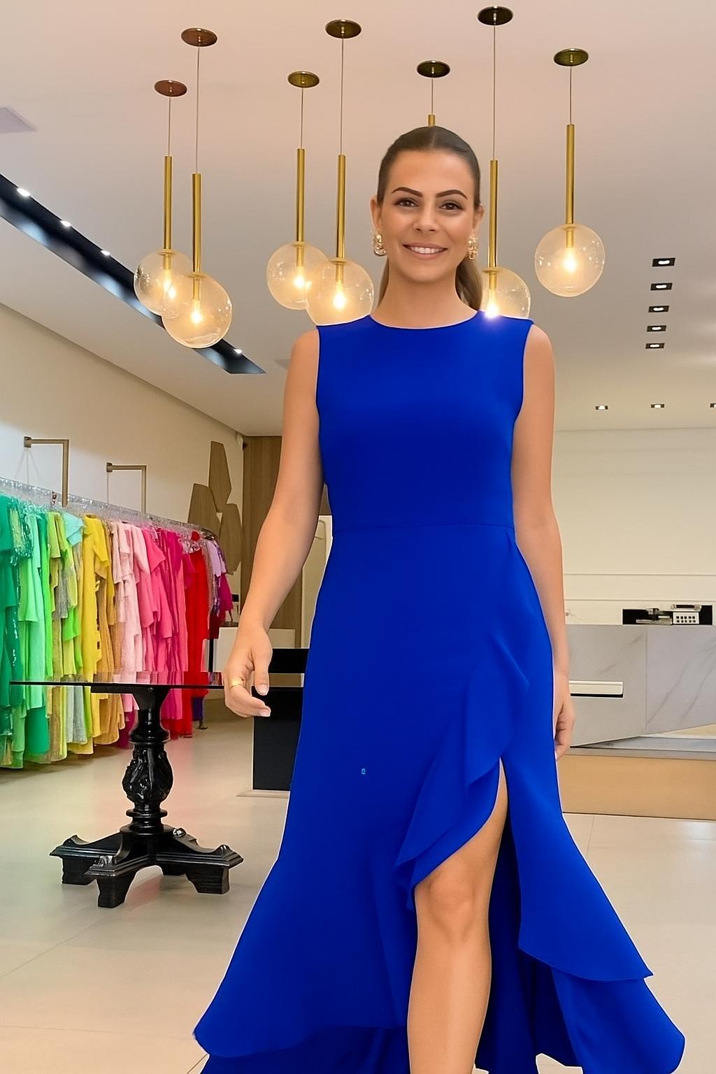 Saks Mavi  Dabıl Kumaş Volanlı Elbise