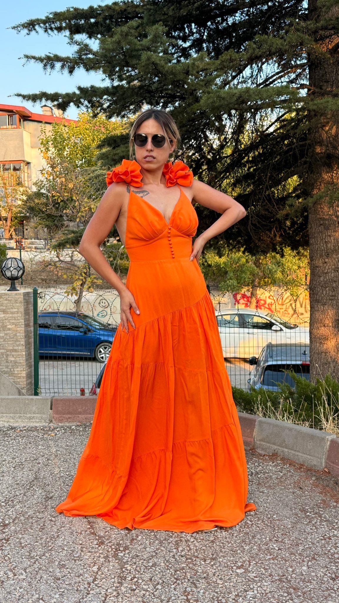 Turuncu  Sırt Dekolteli Keten Elbise