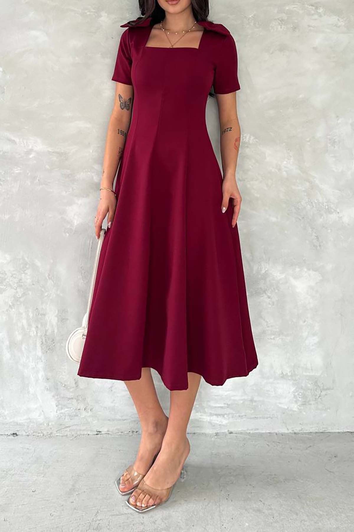 Kadın Bordo Omuz Detaylı Double Kumaş Şık Tasarım Elbise ESRK4560