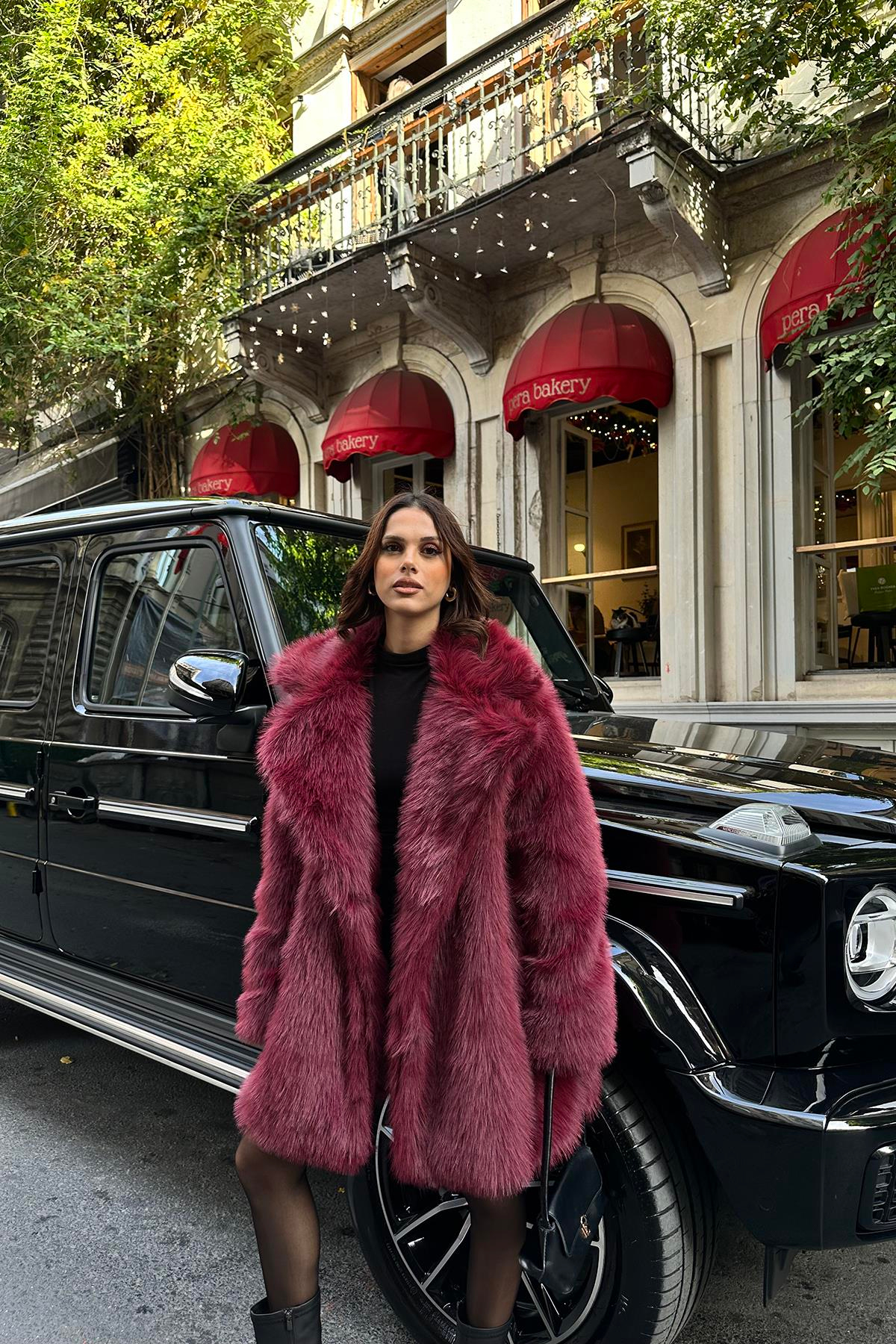 Kadın Bordo Oversize Yapay Kürk Kaban MLB106