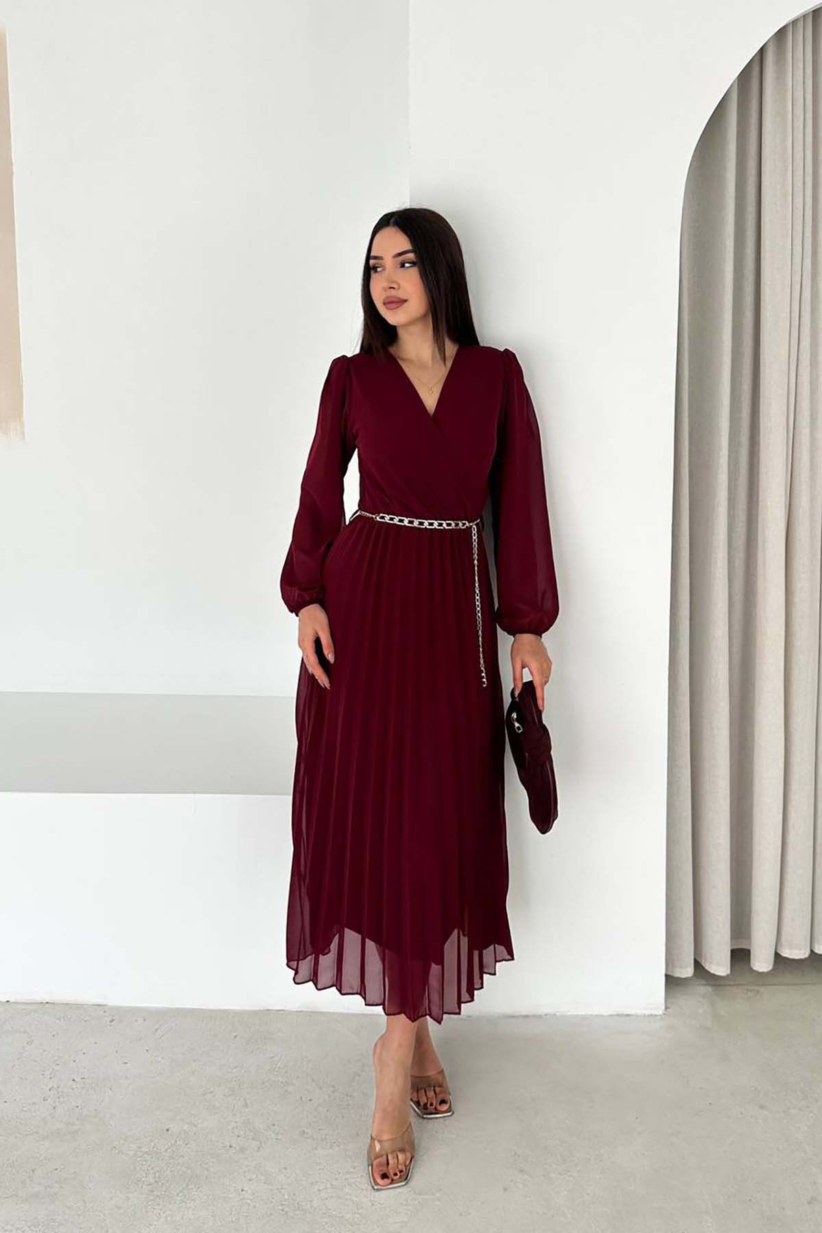 Kadın Bordo Piliseli Midi Boy Kemer Detaylı Şifon Elbise ESRK4503