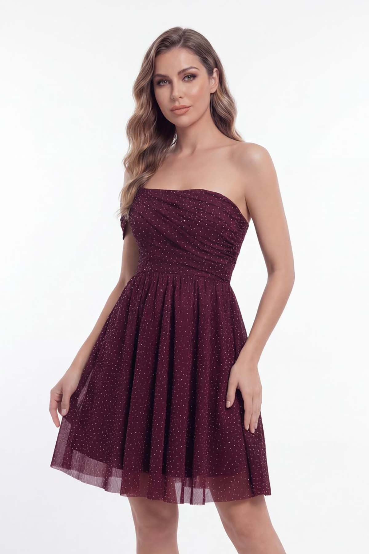 Kadın Bordo Tek Omuz Simli Kısa Abiye Elbise MBL41193