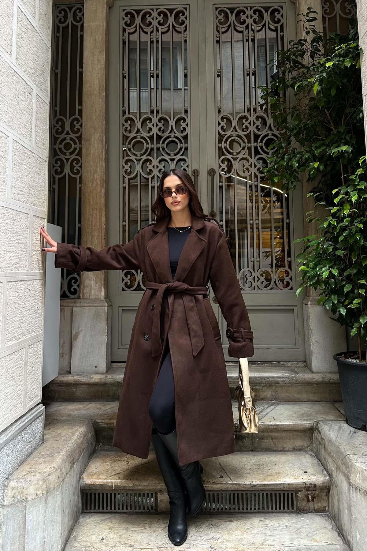 Kadın  Kahverengi  Lüks Premium Kaşe kaban