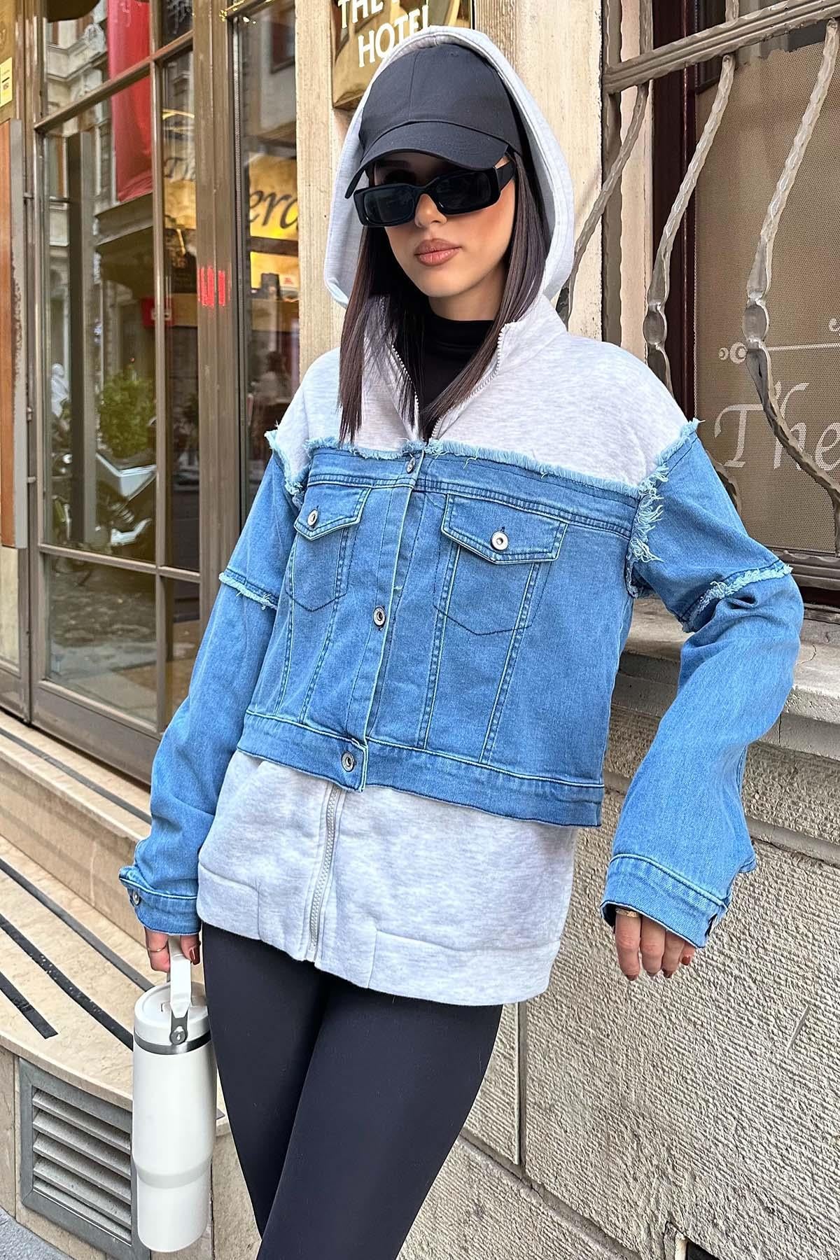 Kadın Kapüşonlu Jean Detaylı Sweatshirt | Rahat Kesim Günlük Şık Üst MLB126