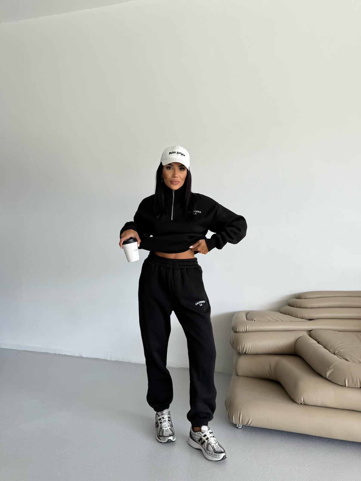 Kadın Lacivert Yarım Fermuarlı Sweatshirt ve Eşofman Takımı