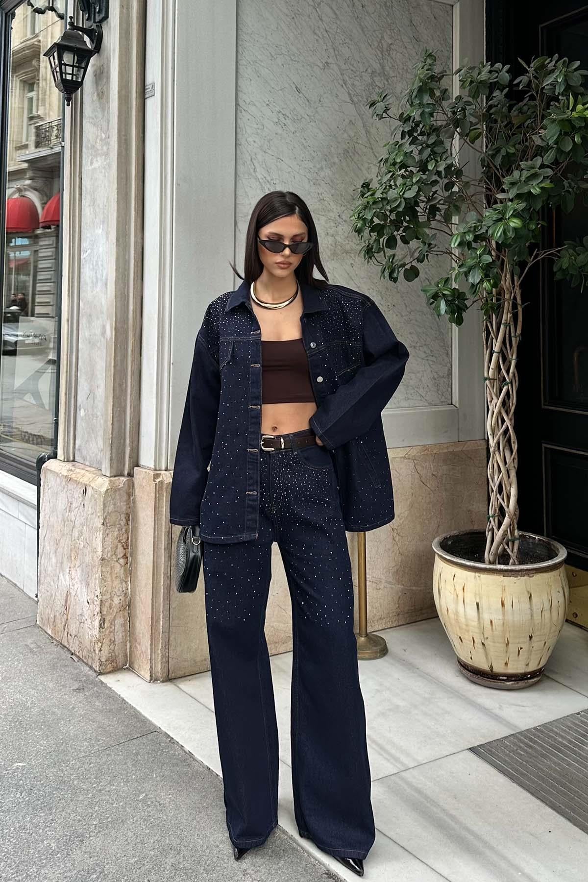 Kadın Taş Detaylı Oversize Denim Gömlek Pantolon Takım | Şık Jean Alt Üst MLB132