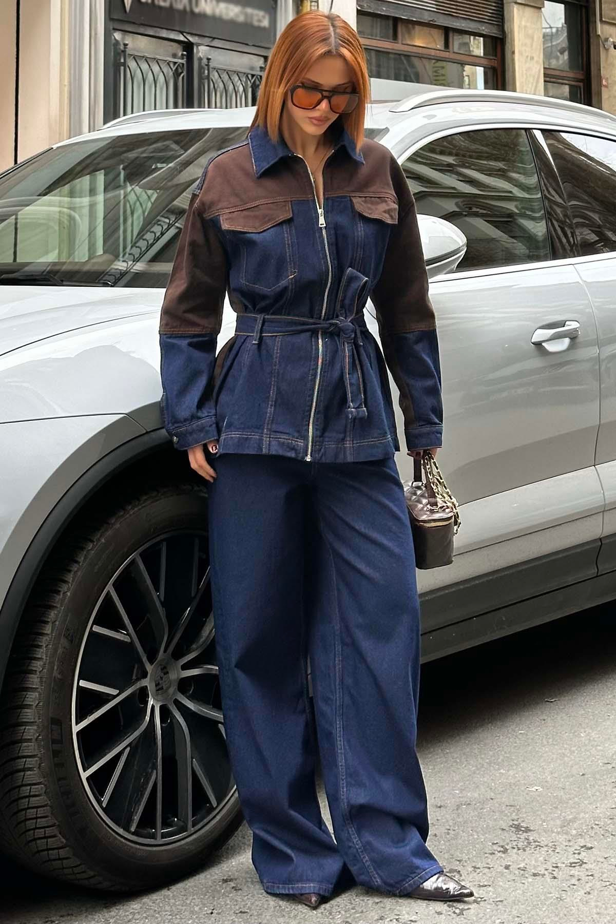 Oversize Denim Takım Kontrast Detaylı Bol Paça Jean Kombin MLB148