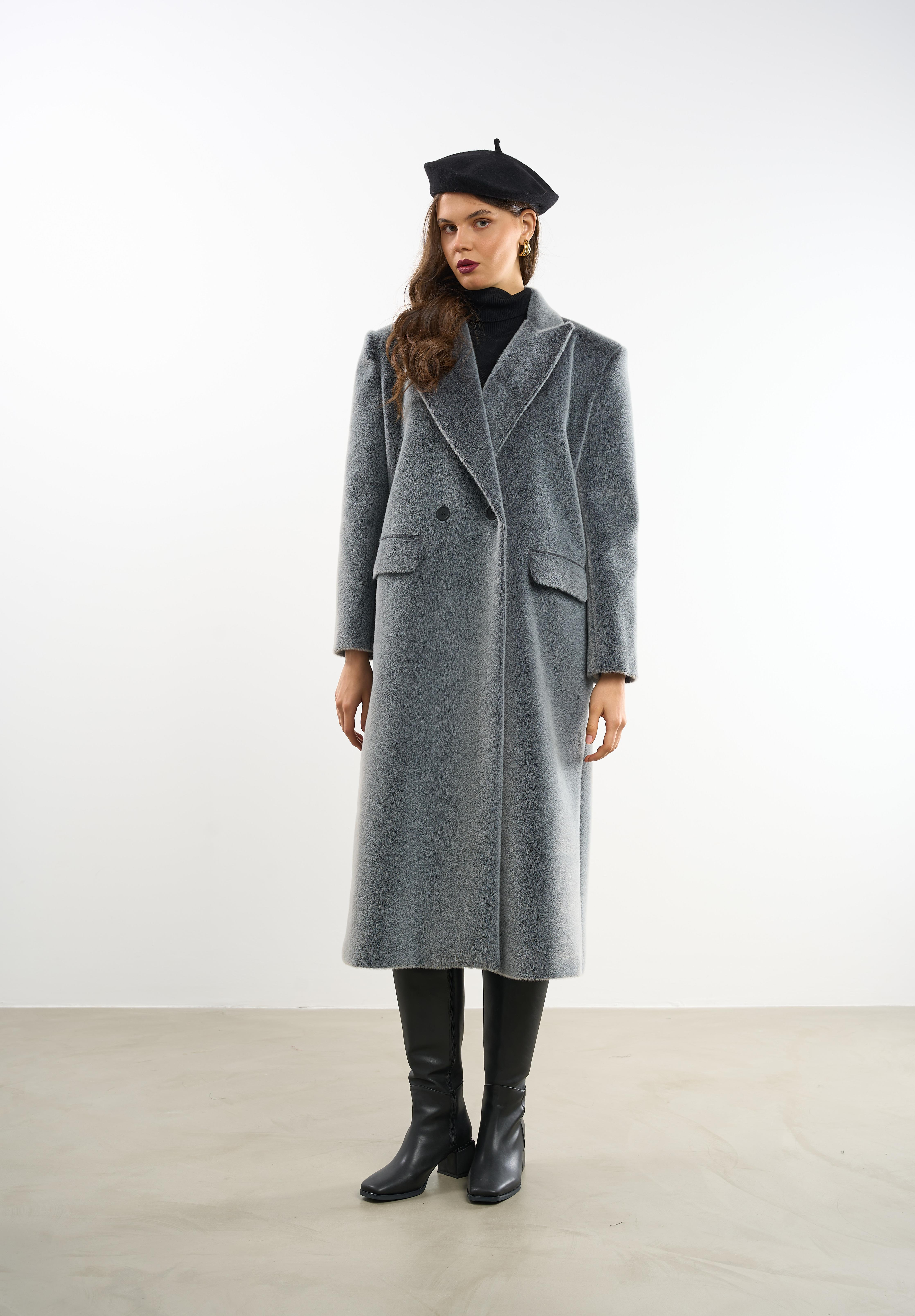 Oversize Yün Karışımlı Gri Yumoş Kaban