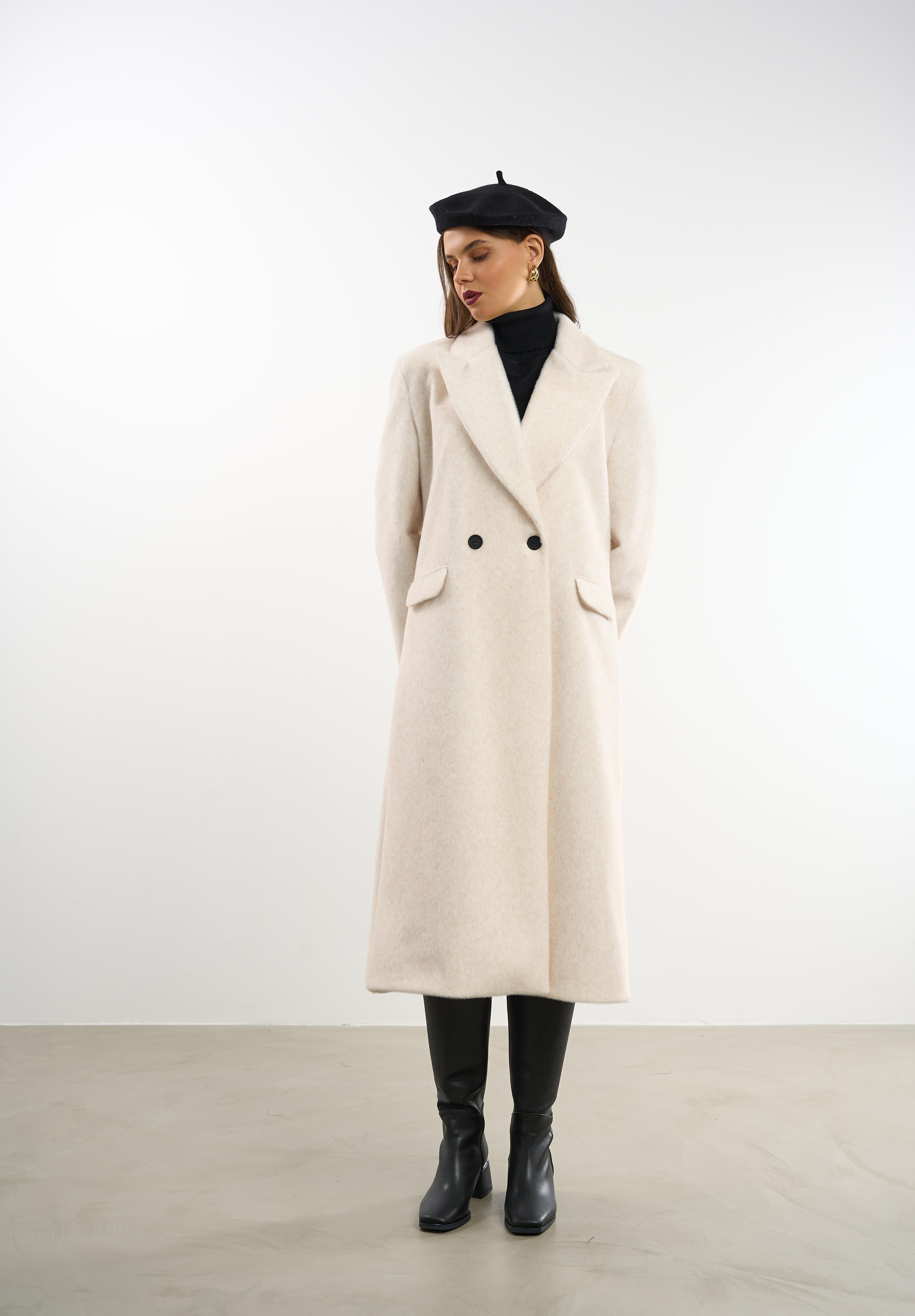 Oversize Yün Karışımlı Taş Yumoş Kaban