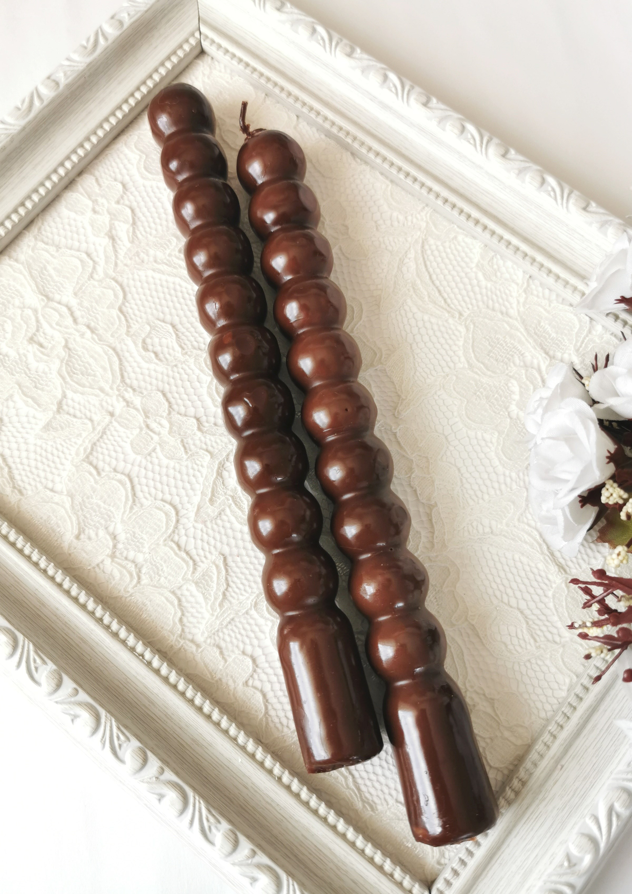 Kahverengi Yuvarlak Formlu Dekoratif Şamdan Mumu 2'li Set 21 cm