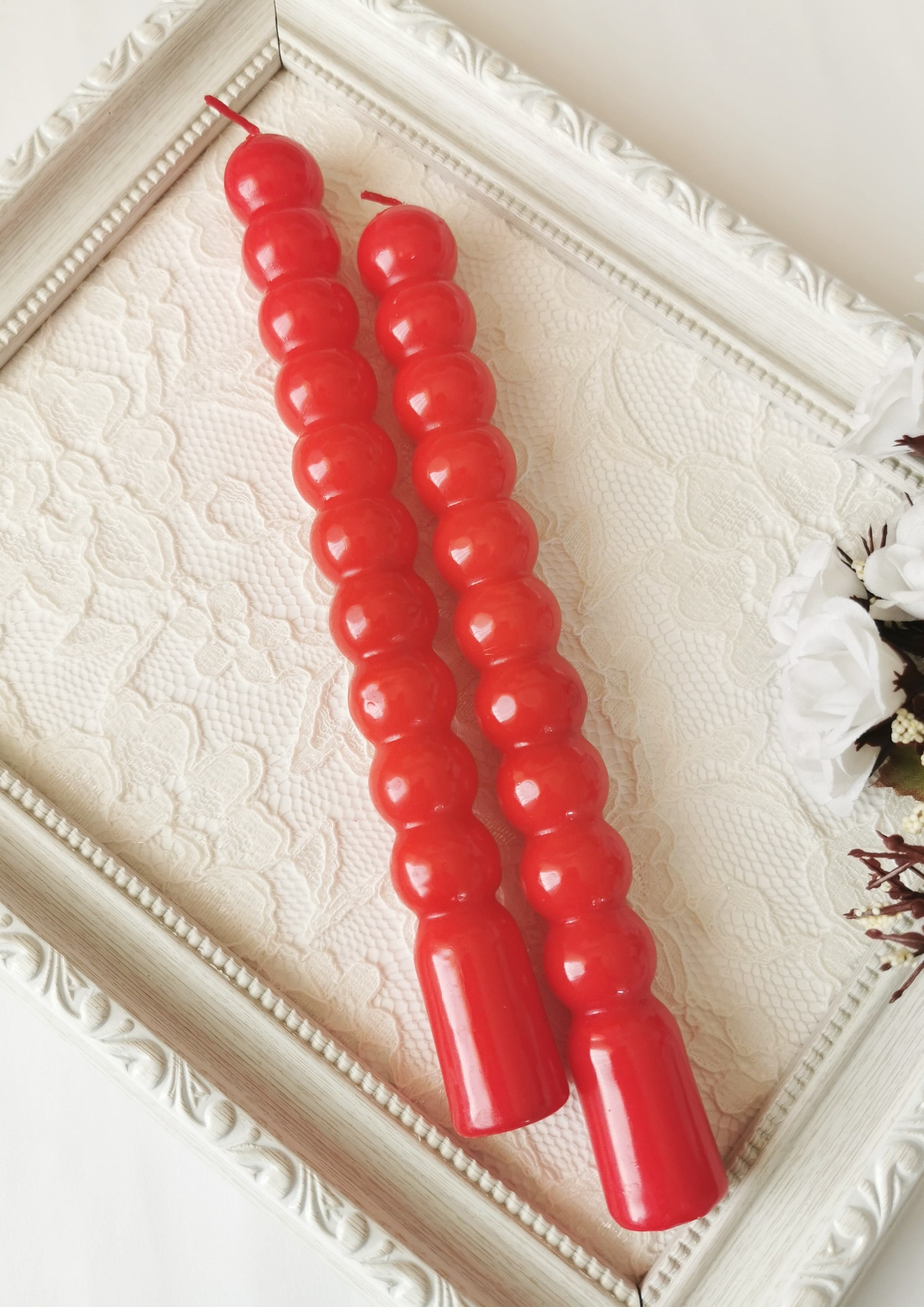 Kırmızı Yuvarlak Formlu Dekoratif Şamdan Mumu 2'li Set 21 cm