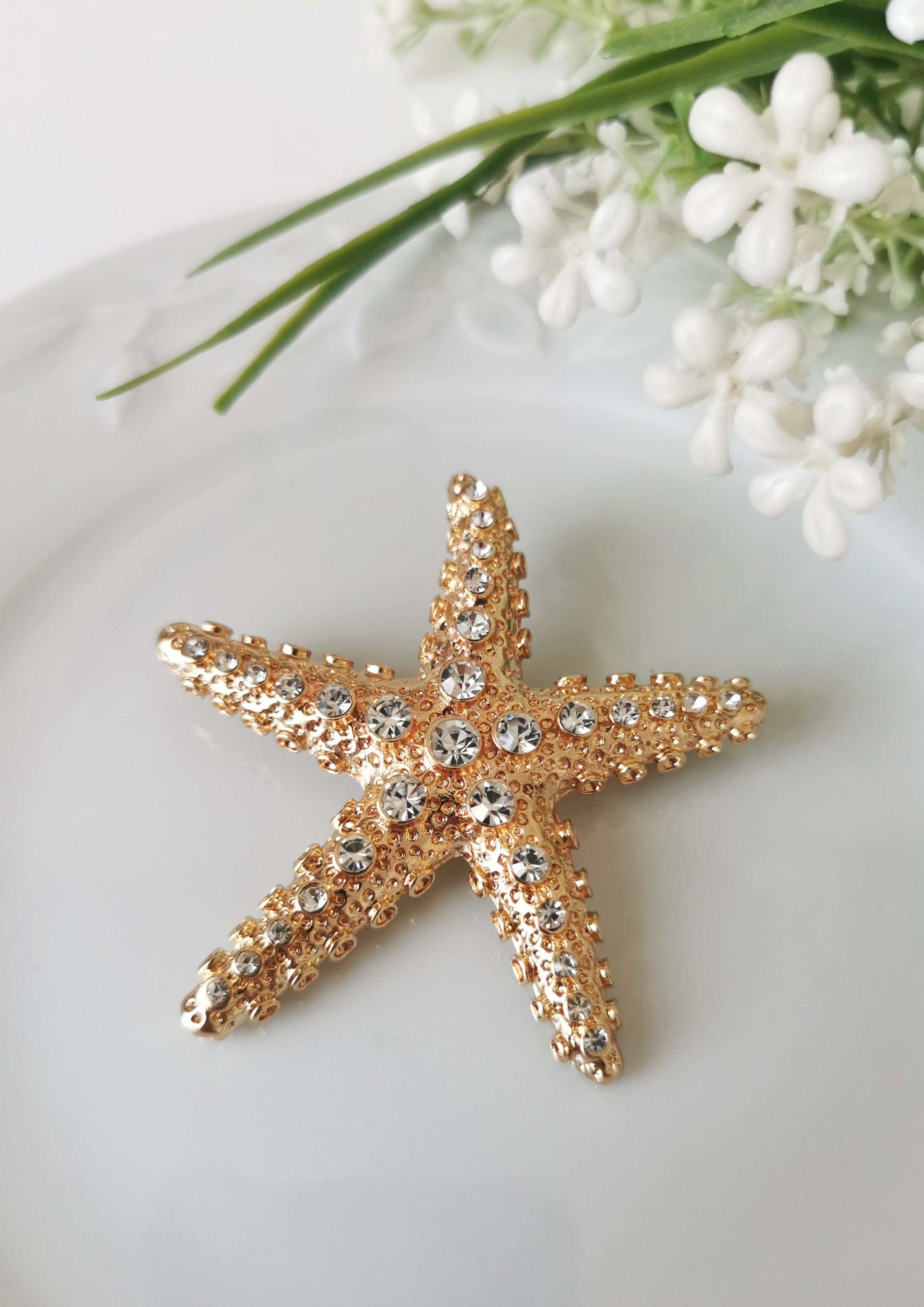 Kristal Taş Detaylı Gold Deniz Yıldızı Broş 6x6 cm