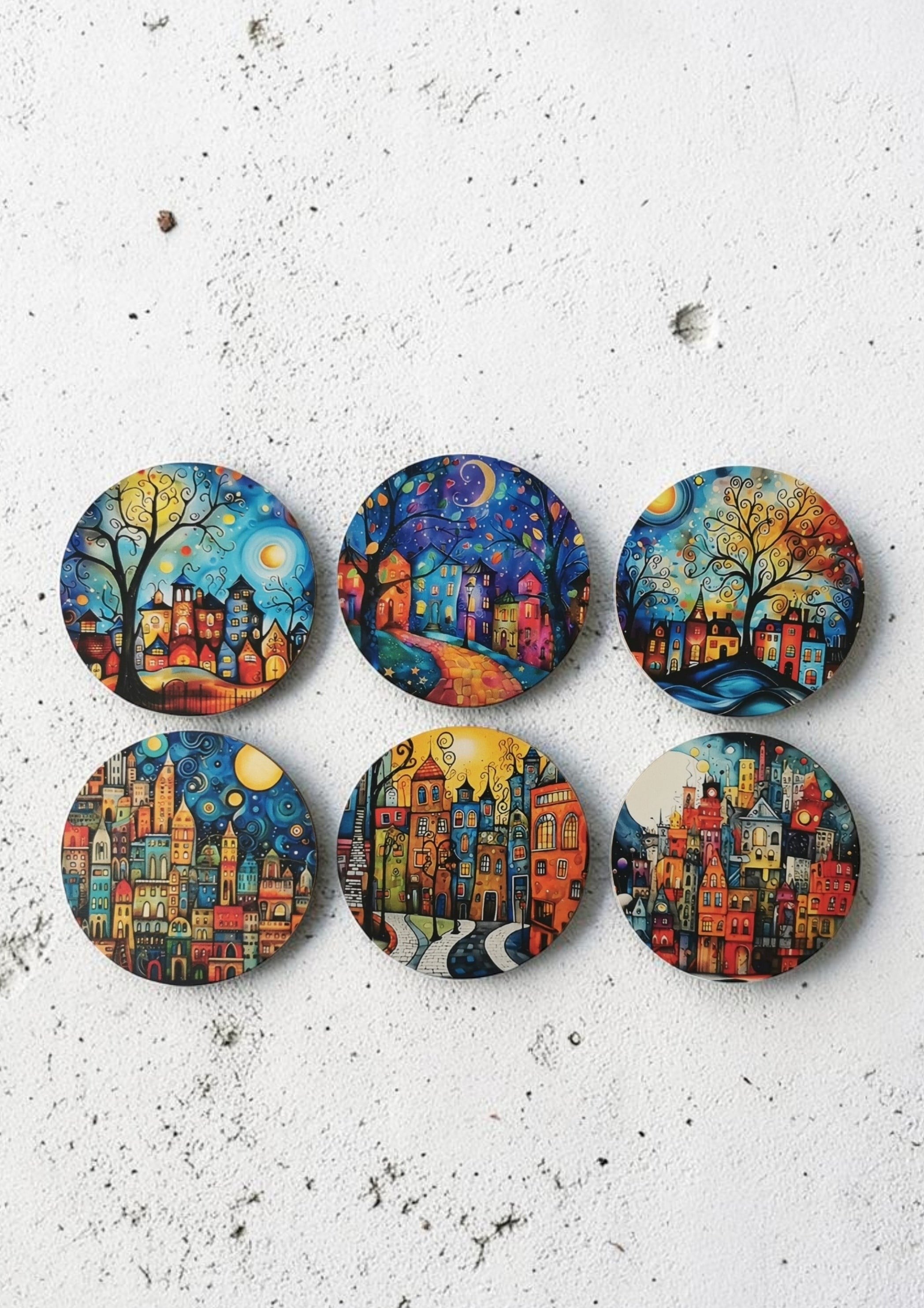 Masalsı Şehir Desenli Dekoratif Ahşap Bardak Altlığı Çap 10 cm