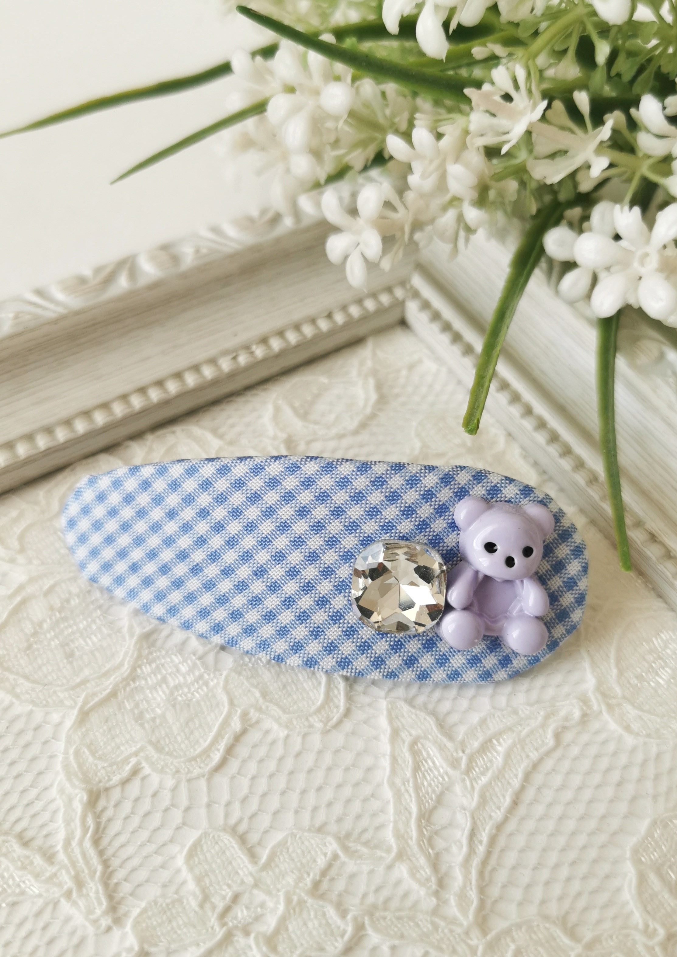Mavi Pötikare Ayıcık Figürlü Kumaş Çıt Çıt Çocuk Tokası 7,5x3 cm