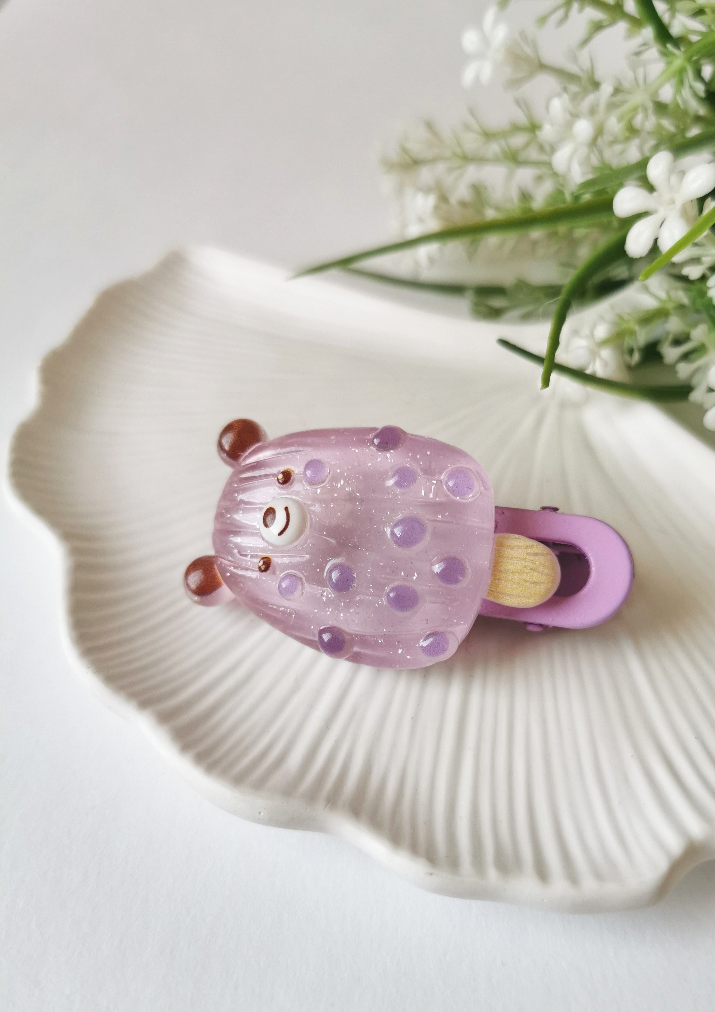 Mor Ayıcık Figürlü Dondurma Pensli Çocuk Tokası 6 x 3,5 cm