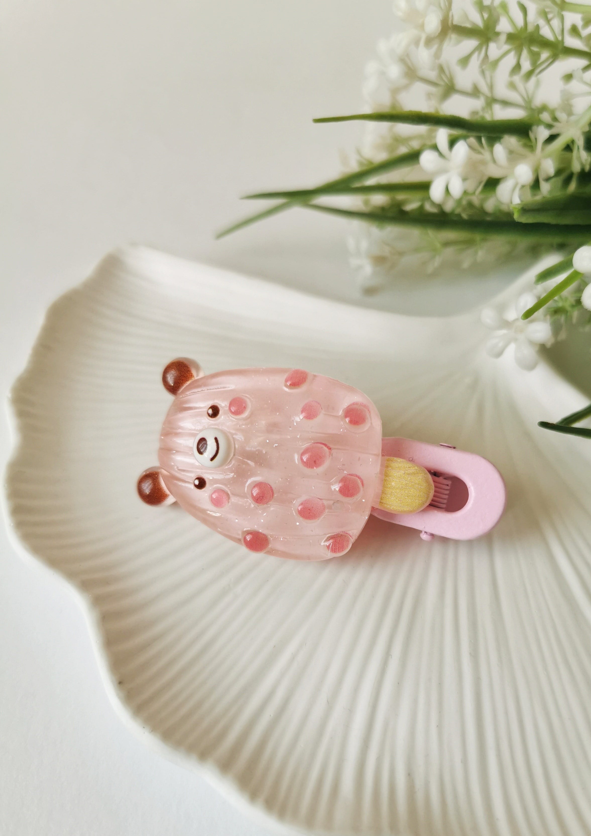 Pembe Ayıcık Figürlü Dondurma Çocuk Tokası 6 x 3,5 cm