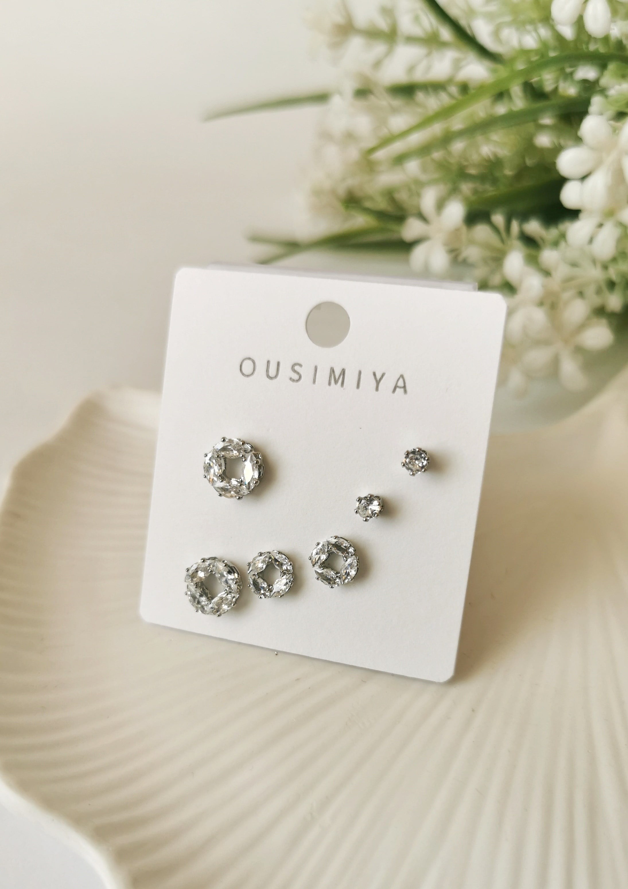 Silver Çelik Kristal Taşlı Halka Detaylı Çoklu Küpe Seti