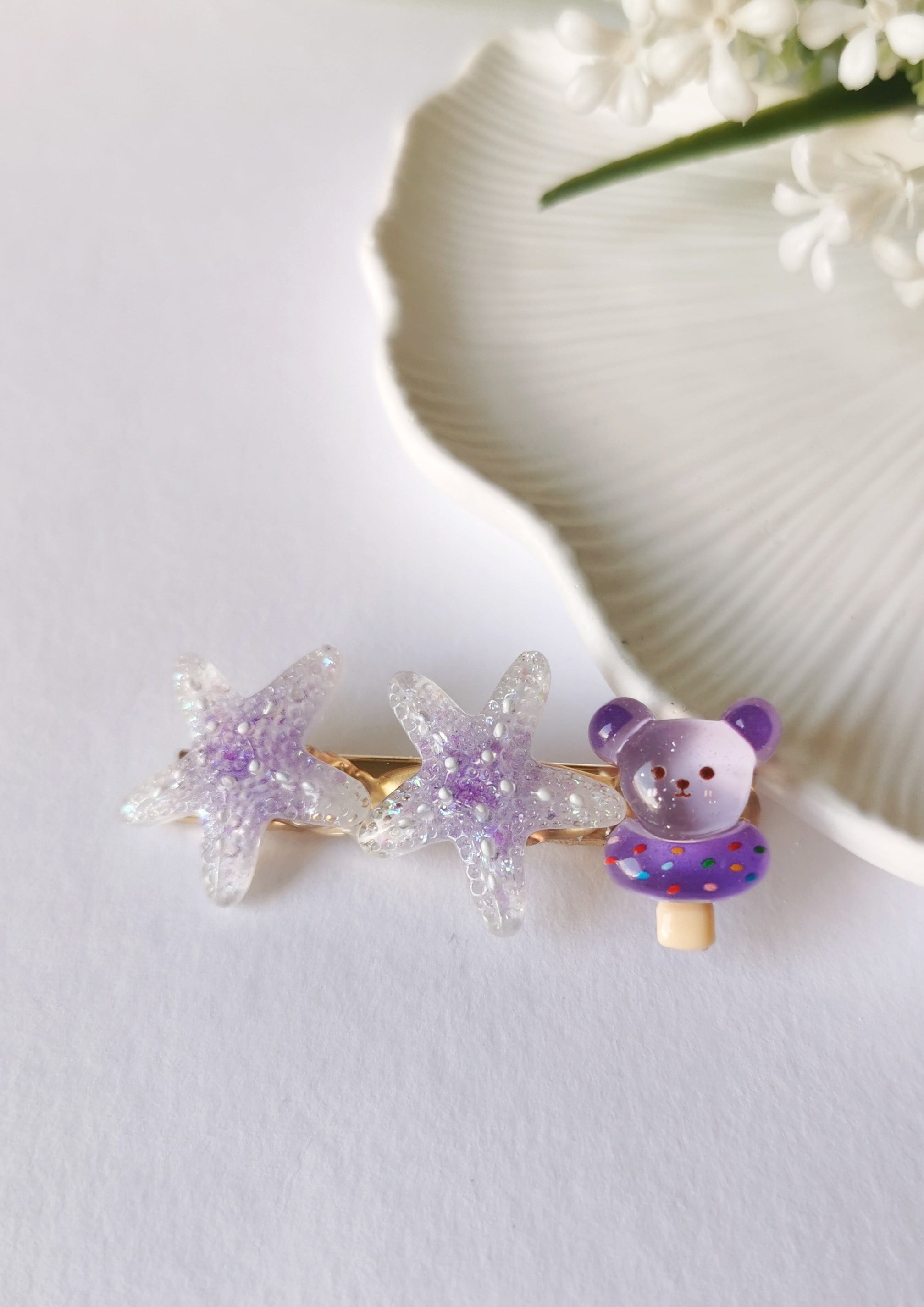 Simli Denizyıldızı & Ayıcık Desenli Pensli Toka – 6x2 cm