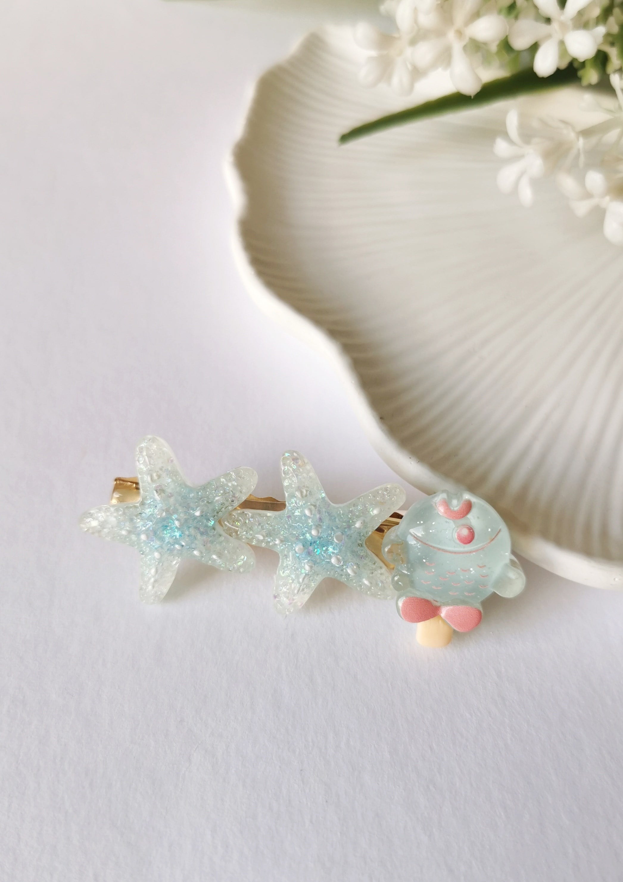 Simli Denizyıldızı & Balık Desenli Pensli Toka – 6x2,5 cm
