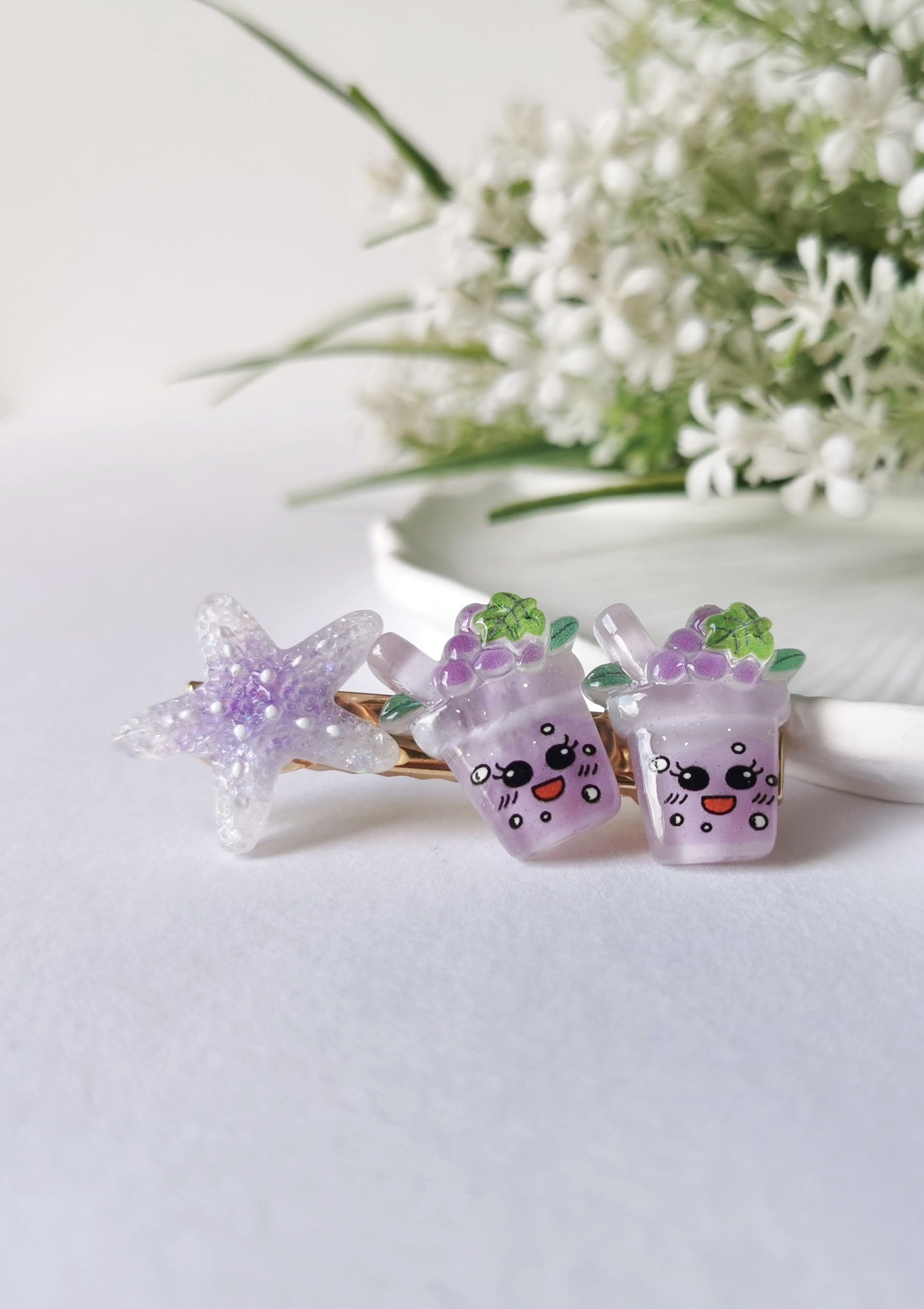 Simli Denizyıldızı & Üzümlü İçecek Desenli Pensli Toka – 6x2,5 cm