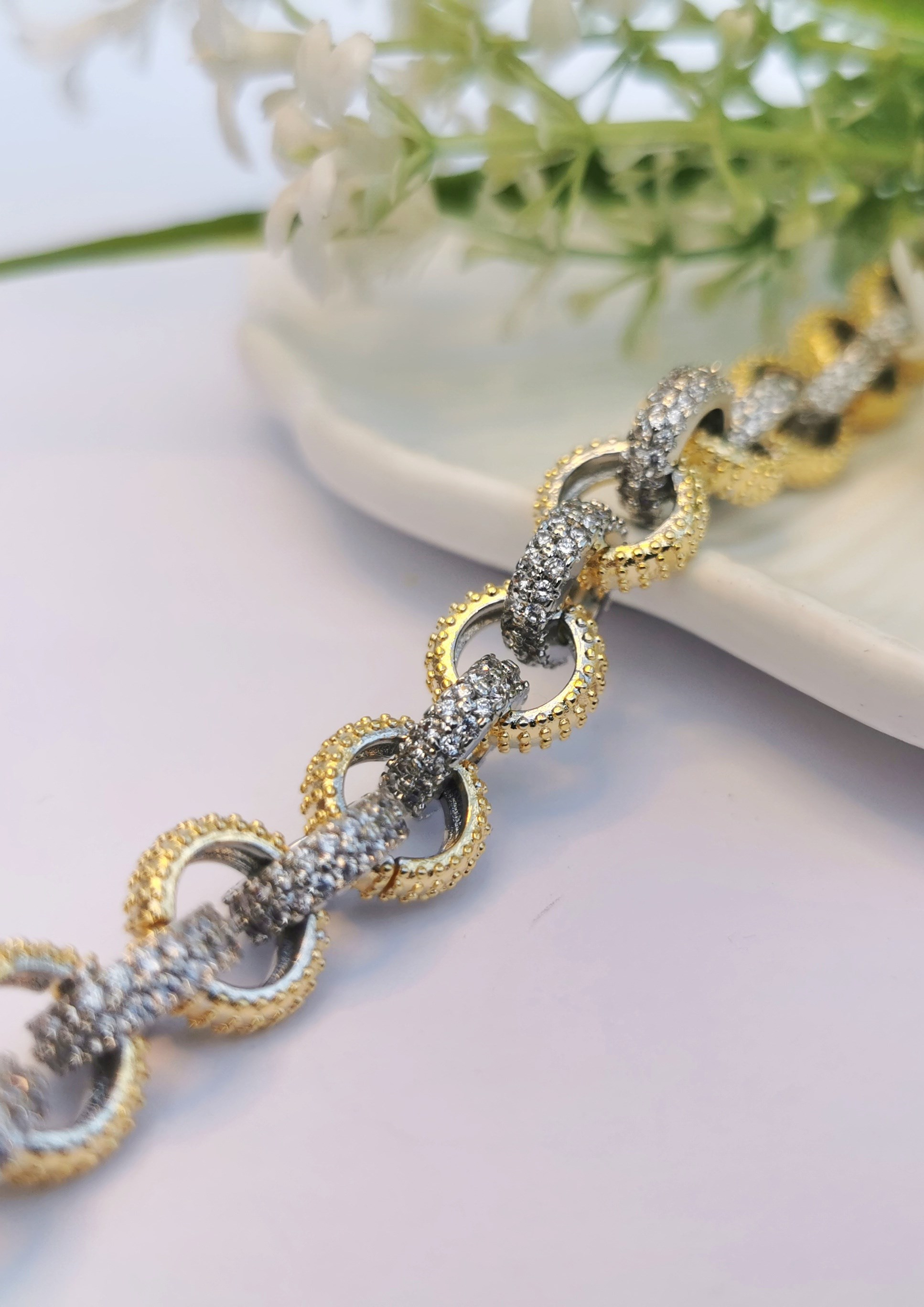 VIP Çift Halkalı Gold & Silver Zirkon Çelik Bileklik
