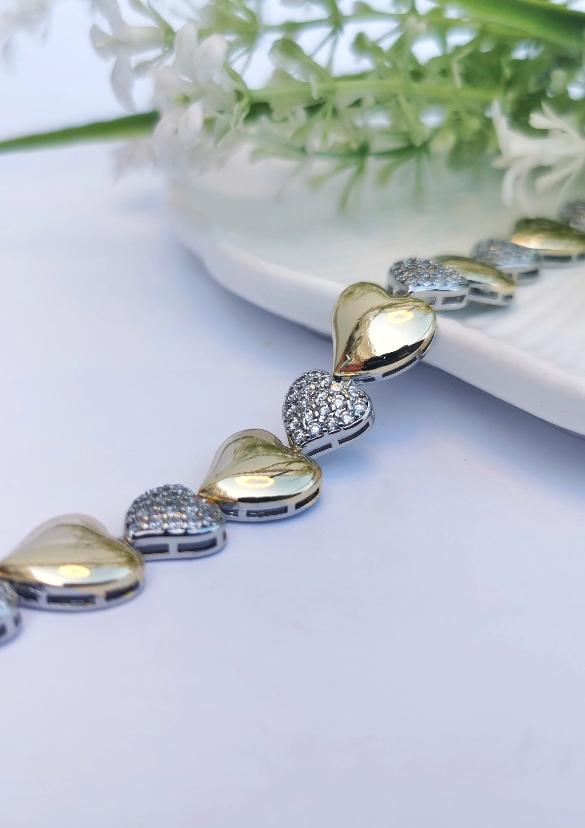VIP Çift Kalpli Gold & Silver Zirkon Çelik Bileklik