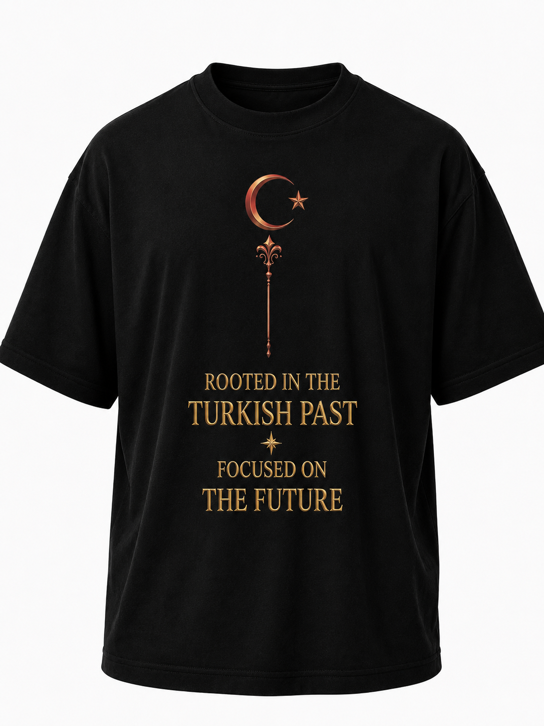 Eskitme Gold Ay Yıldız Premıum Siyah Oversize T-shırt