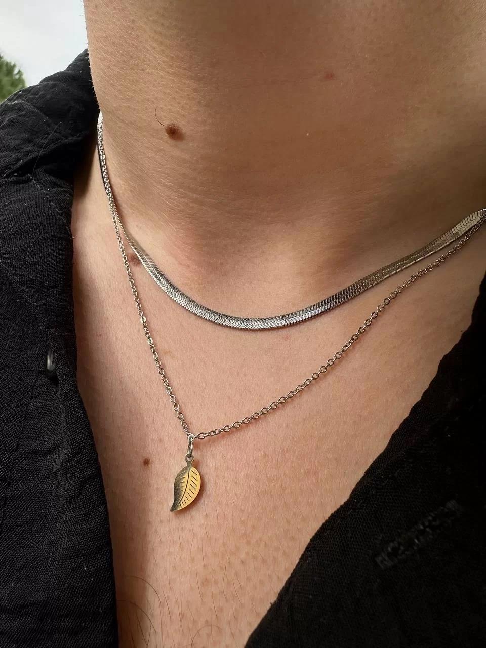 Silver Tiny Leaf Two Chain Necklace