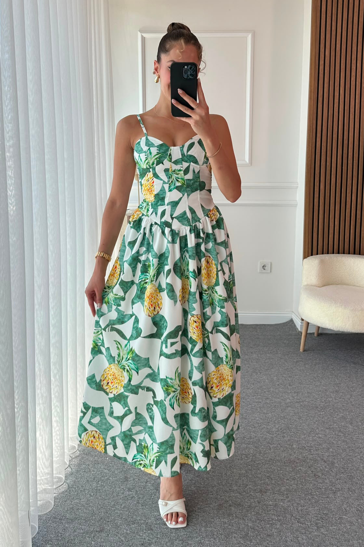 Ananas Desenli Elbise - YEŞİL