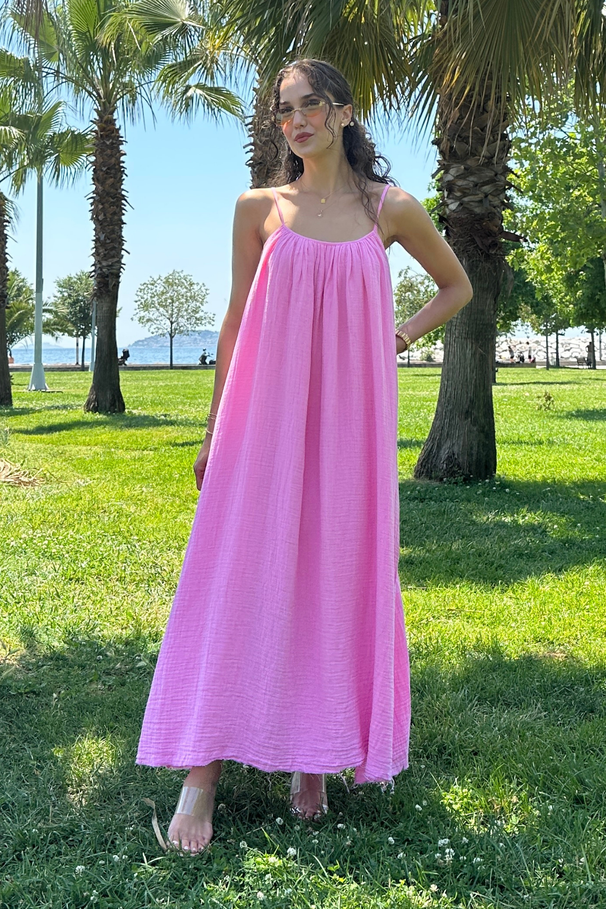 Askılı Müslin Elbise - PEMBE