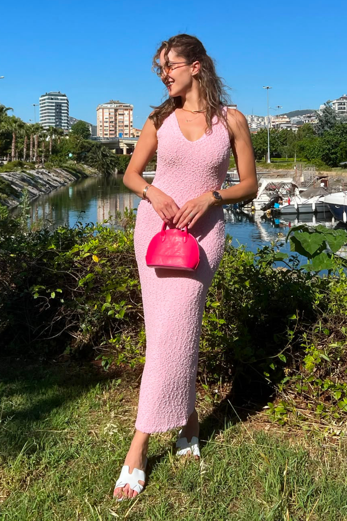 Askılı Örme Elbise - PEMBE