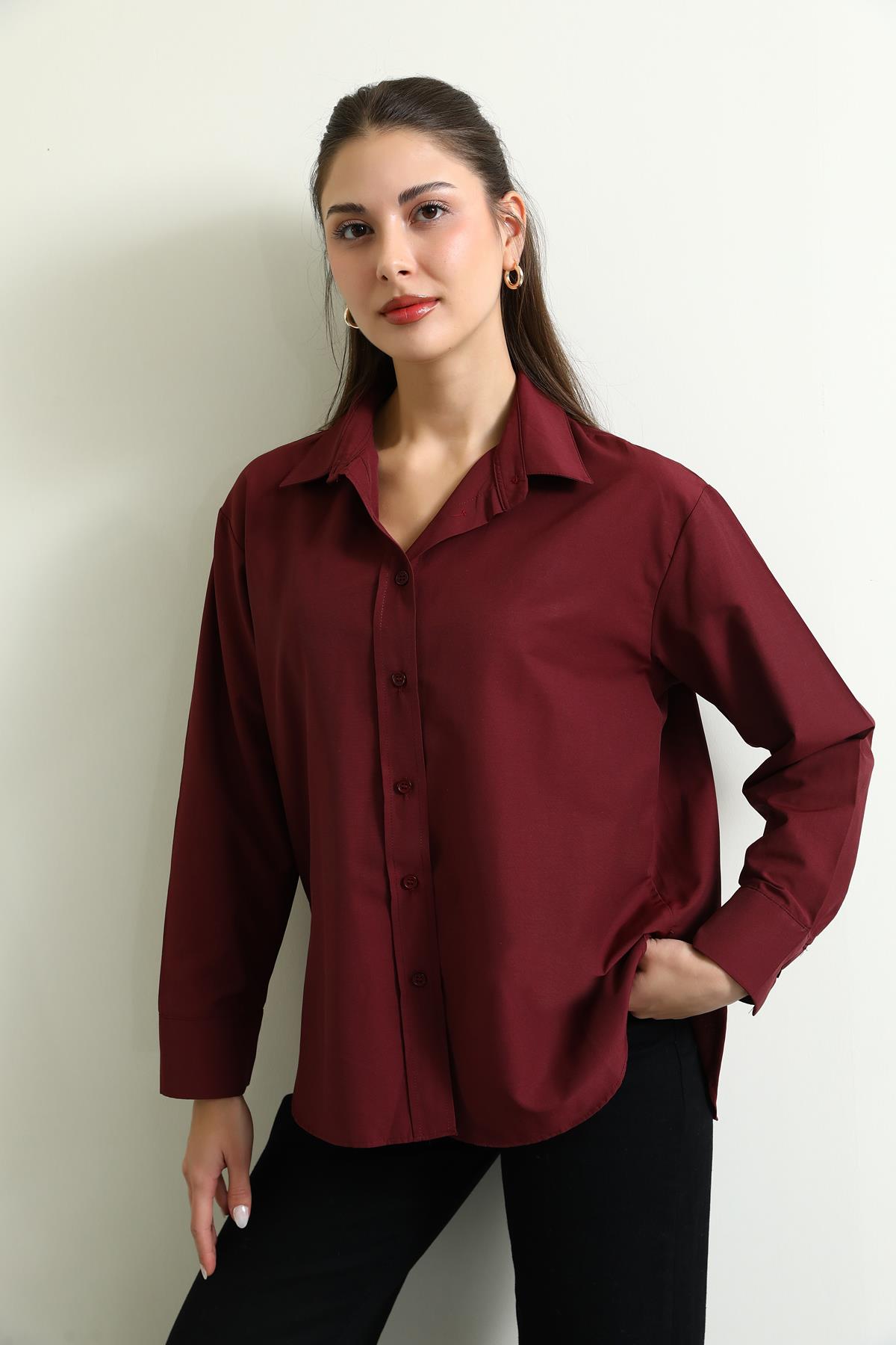 Basic Poplin Gömlek - BORDO