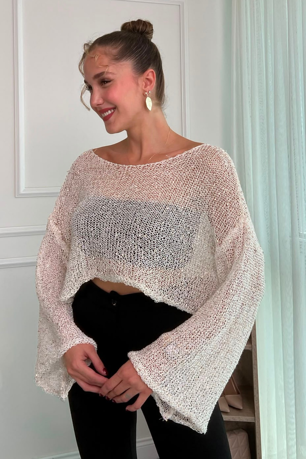 Crop Işıltılı Bluz - BEYAZ
