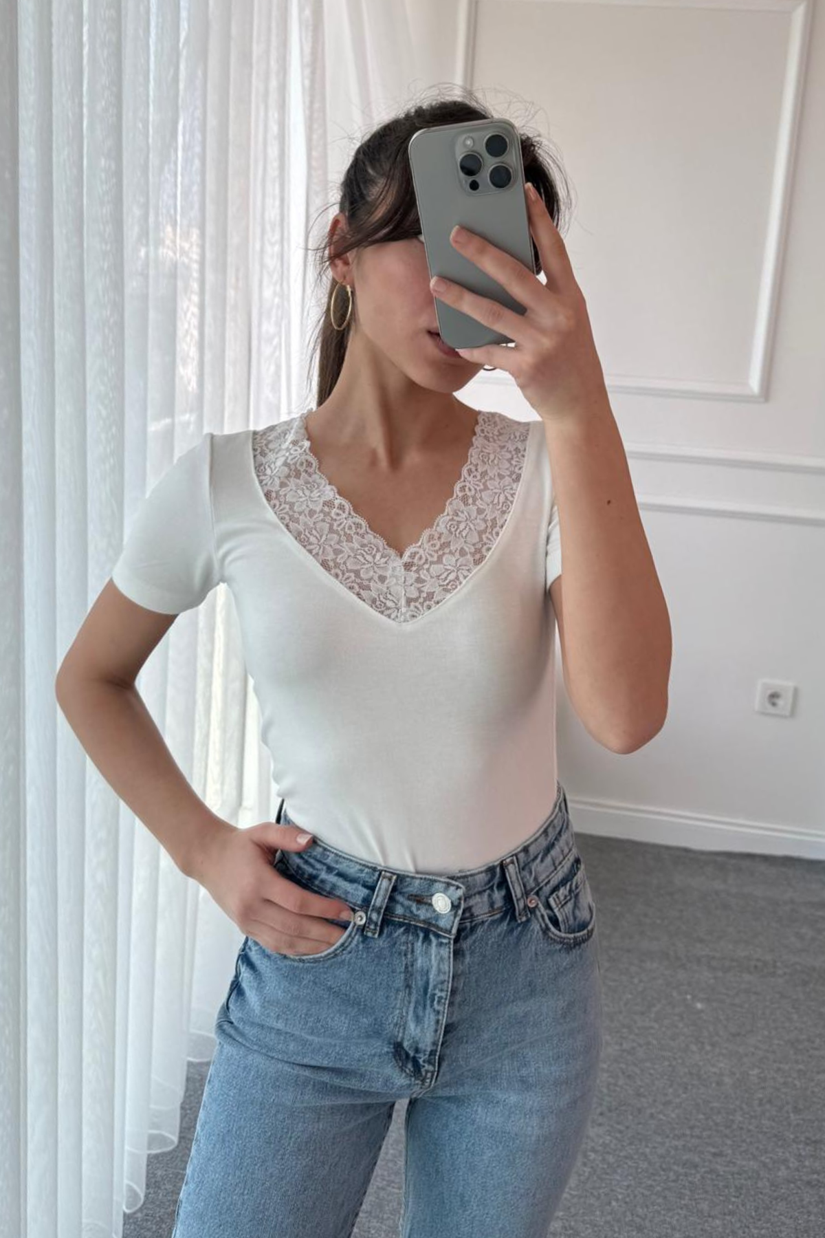 Dantel Detaylı T-shirt - BEYAZ