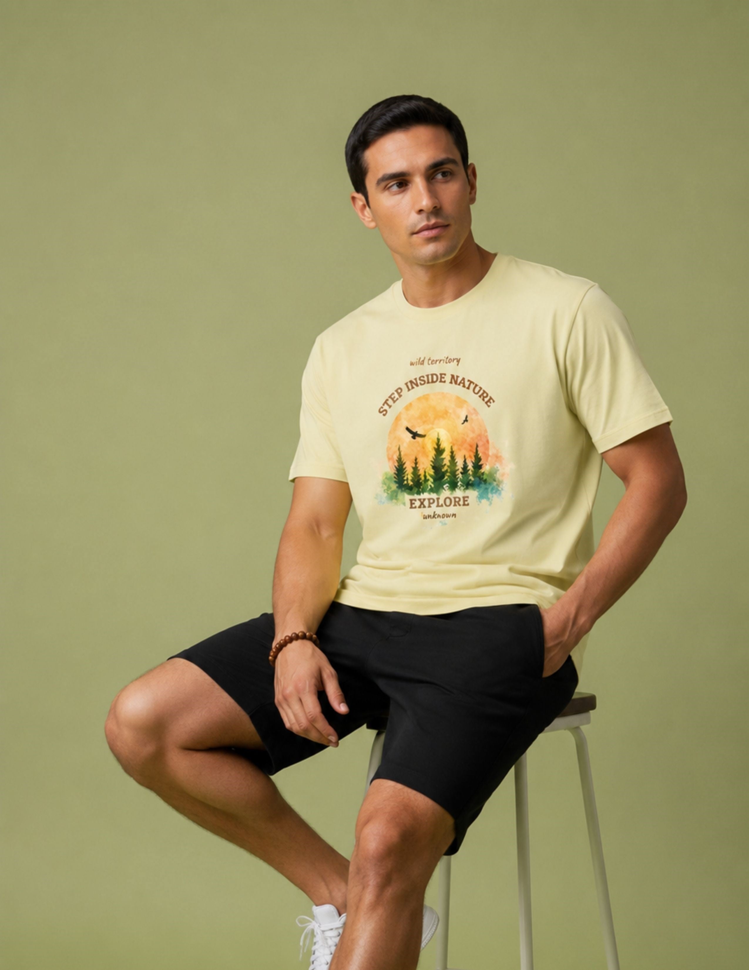 Basic Erkek Bisiklet Yaka Baskılı Bej T-shirt