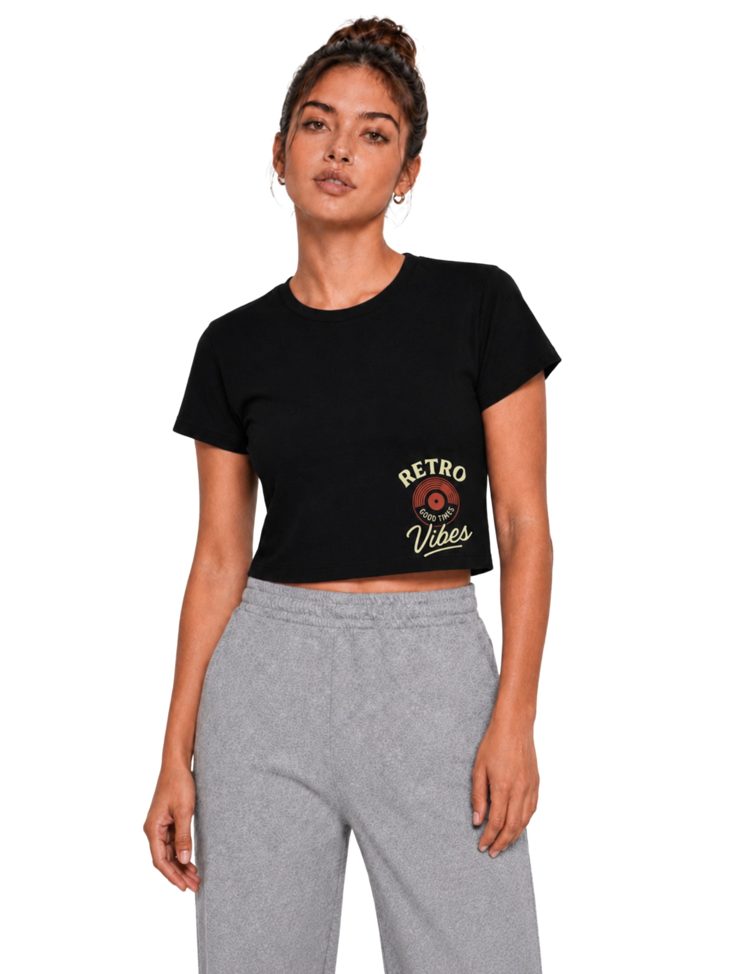 Basic Kadın Crop Baskılı Siyah T-shirt
