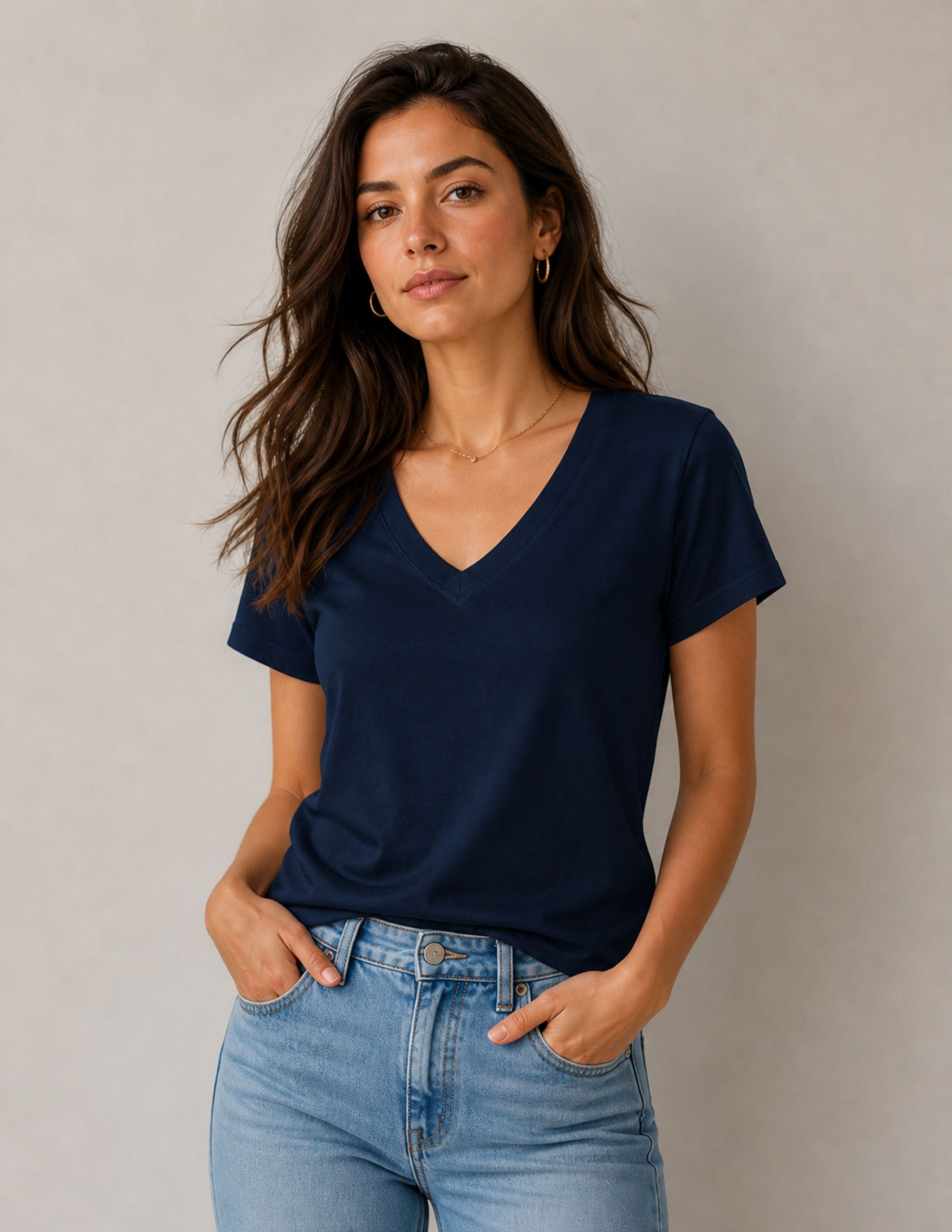 Basic Kadın V Yaka Lacivert T-shirt