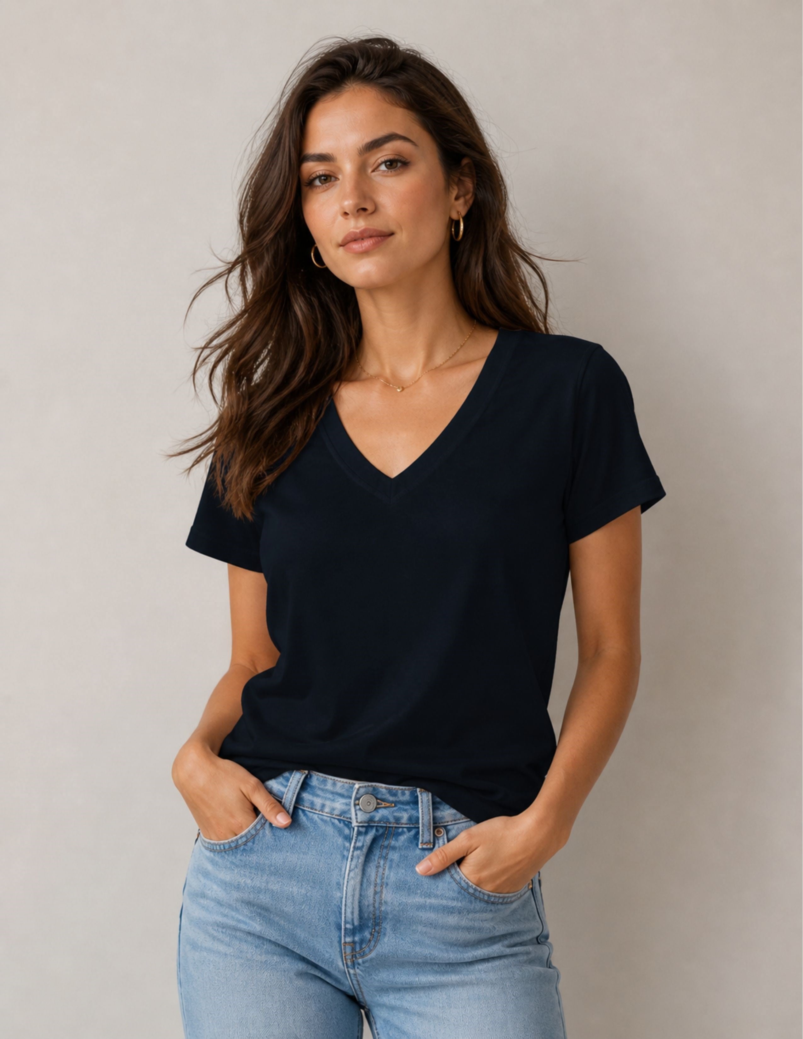 Basic Kadın V Yaka Siyah T-shirt