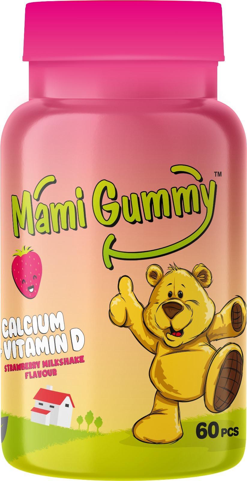 MamiGummy Kids Gummies D Vitamini ve Kalsiyum İçeren 60 Adet Çiğnenebilir Gummy Jel Çilek Aromalı